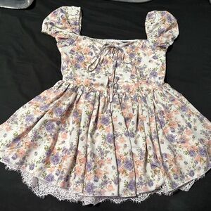 Floral Puff Sleeve Dress with Lace Trim